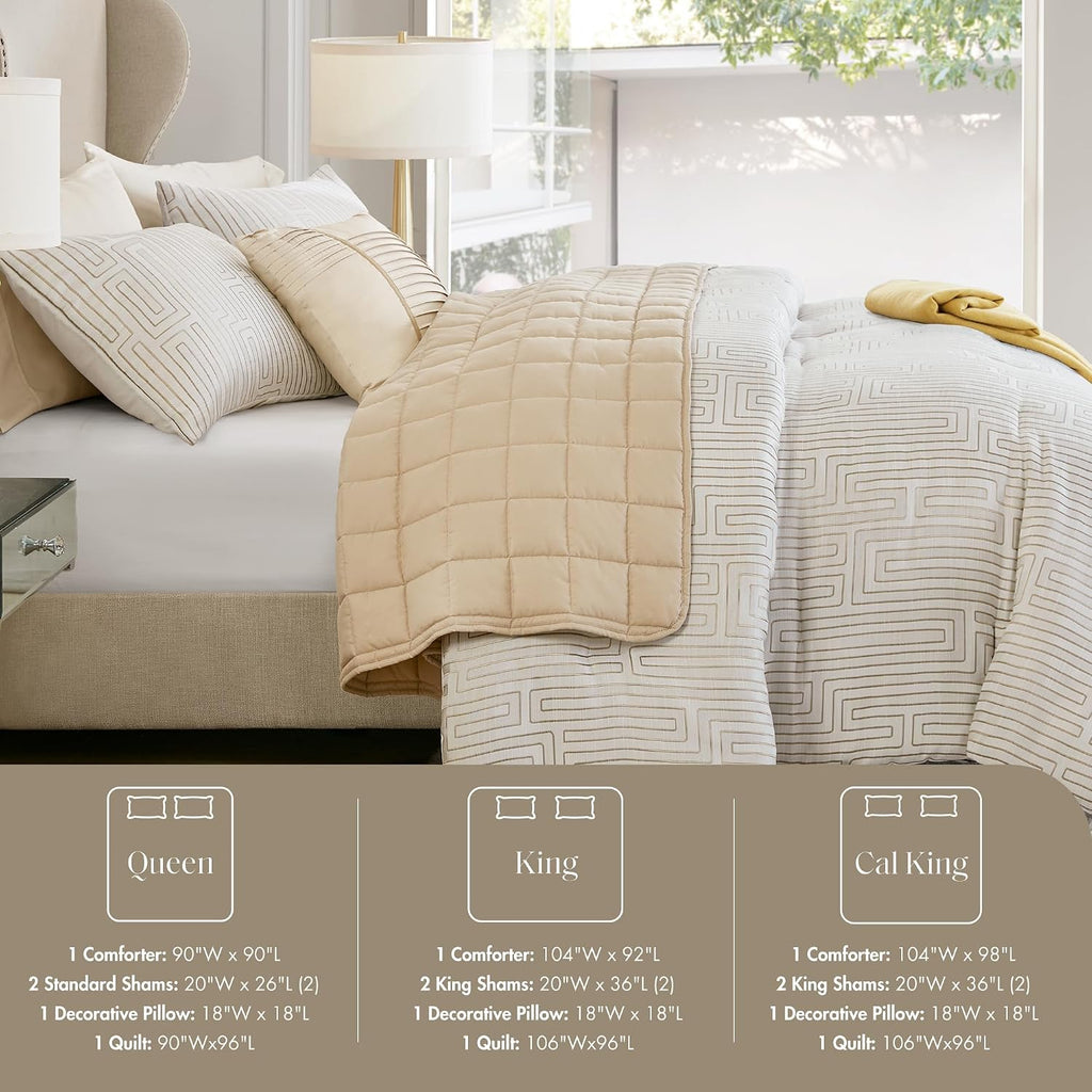 Madison Park Queen Comforter Set Jacquard Metallic Thread Comforters Queen Size Bed, All Season Comforter & Quilt Bedding Set Queen Size Comforter, Decor Pillows, Shams, Royce, Queen Ivory 5 Piece