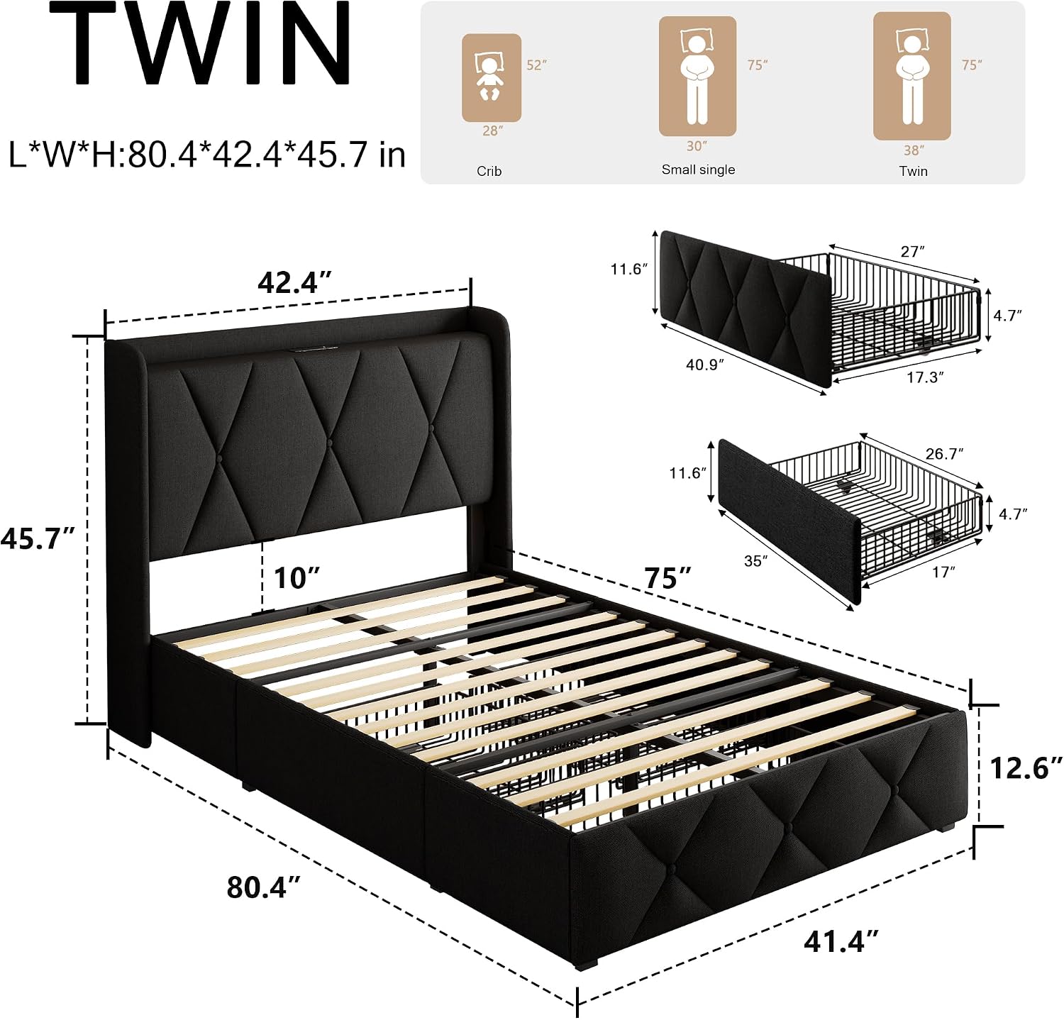 iPormis Twin Bed Frame with 3 Storage Drawers, Upholstered Platform Bed Frame with Charging Station, Modern Wingback Storage Headboard, Easy Assembly, Black