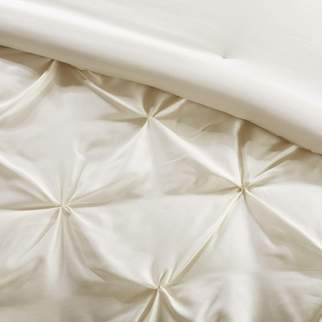 Madison Park Essentials Room in a Bag Faux Silk Comforter Set - Luxe Diamond Tufting All Season Bedding, Matching Curtains, Decorative Pillows, Ivory Queen(90'x90') 24 Piece