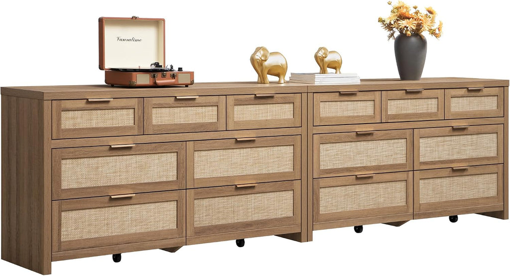 SICOTAS 7 Drawer Dressers for Bedroom Set 2, Long Rattan Dresser, Dresser TV Stand, Closet Organizer Chest of Drawers, Clothes Storage Dressers (Reclaimed Caramel Oak, 7 Drawers (2 pcs))