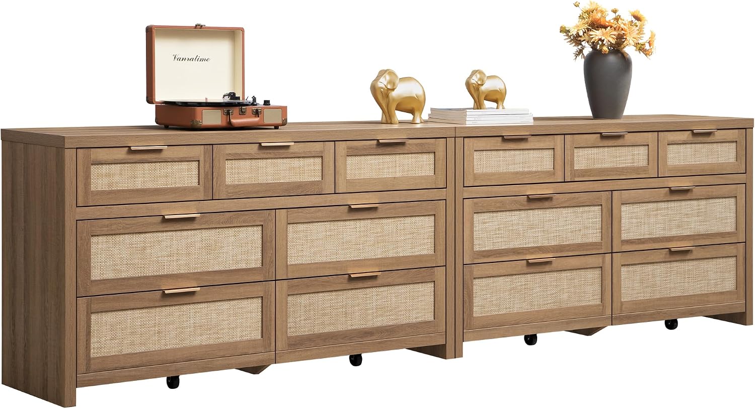 SICOTAS 7 Drawer Dressers for Bedroom Set 2, Long Rattan Dresser, Dresser TV Stand, Closet Organizer Chest of Drawers, Clothes Storage Dressers (Reclaimed Caramel Oak, 7 Drawers (2 pcs))