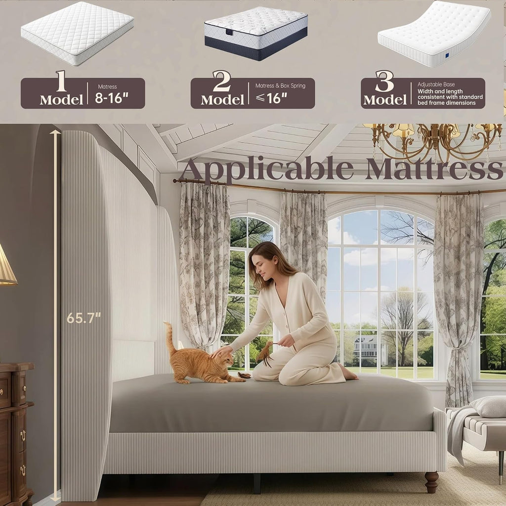 65.7' Tall Headboard King Size Upholstered Bed Frame with Wingback, Soft Washable Corduroy Beds Cover, Solid Wood Legs, Noise-Free, No Box Spring Needed, Cream