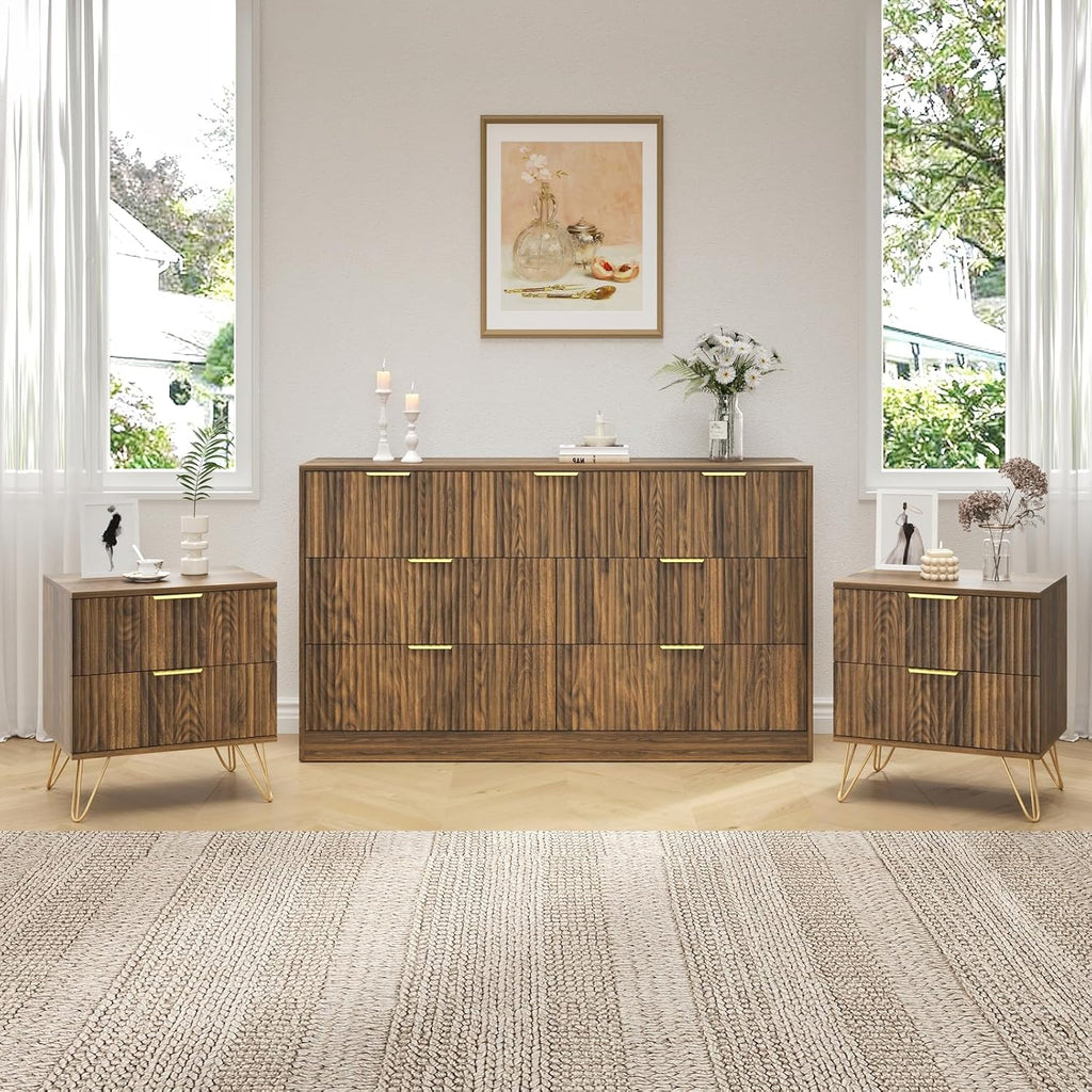 7 Drawer Dresser and Nightstand Sets, 3 Pcs Bedroom Set for Bedroom, Fluted Night Stand Set of 2 & 55' Wide Dresser w/Gold Handles, Mid Century Wood Chest of Drawers Storage Set, Walnut