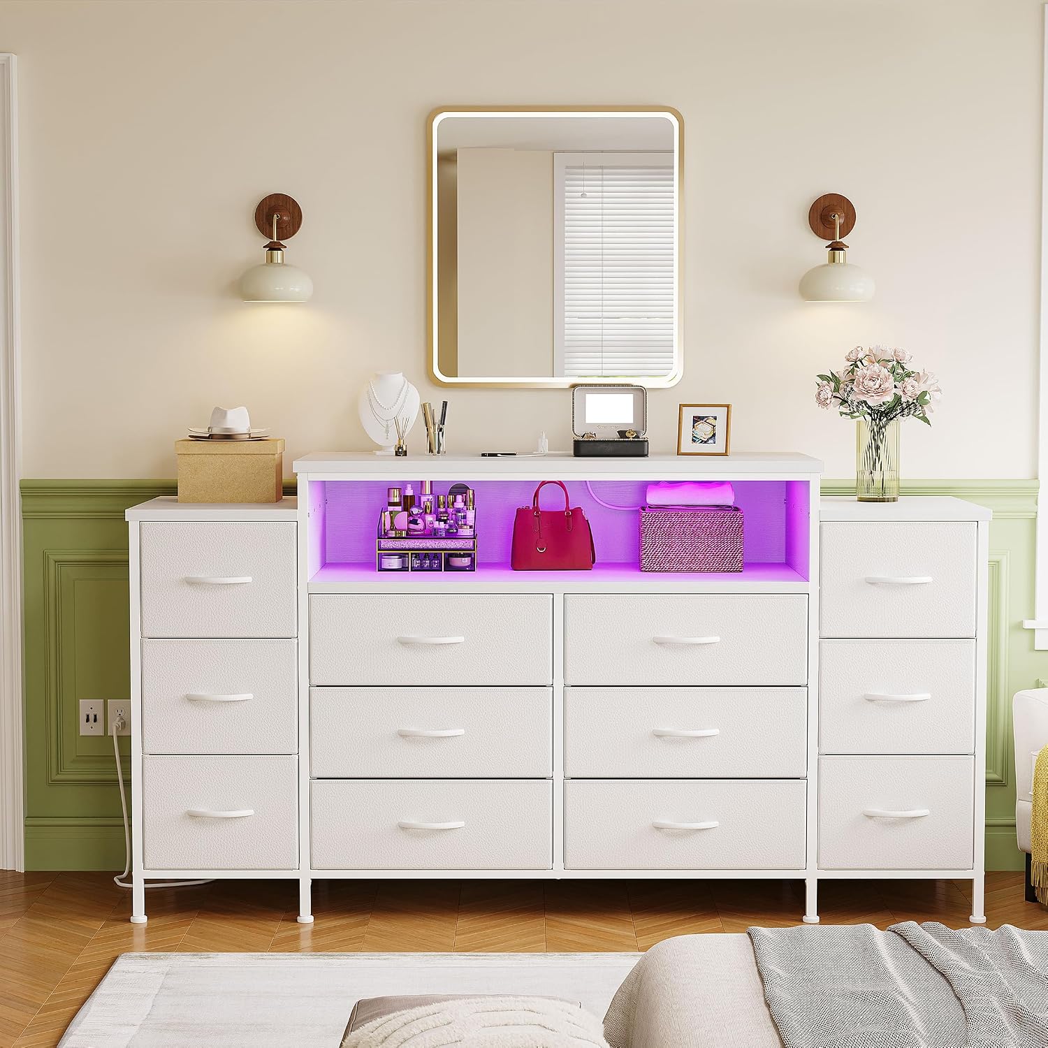 EnHomee 55' W Dresser for Bedroom with LED Lights & Charging Station 12 Drawer Dressers & Chests of Drawers Dresser TV Stand for Bedroom for Hanging 65' TV, Metal Frame & Fabric Drawers, White