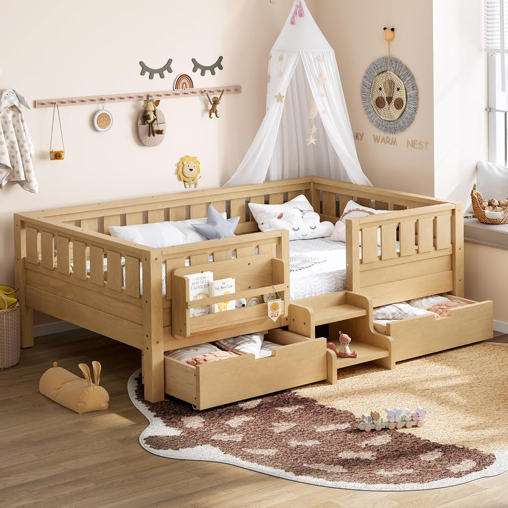 Bellemave Twin Floor Bed with Stairs, Rails and Slats, Twin Size Montessori Floor Bed with Bookshelf and 2 Storage Drawers, Easy Assemble Montessori Beds Frame for Girls, Boys, Light Natural