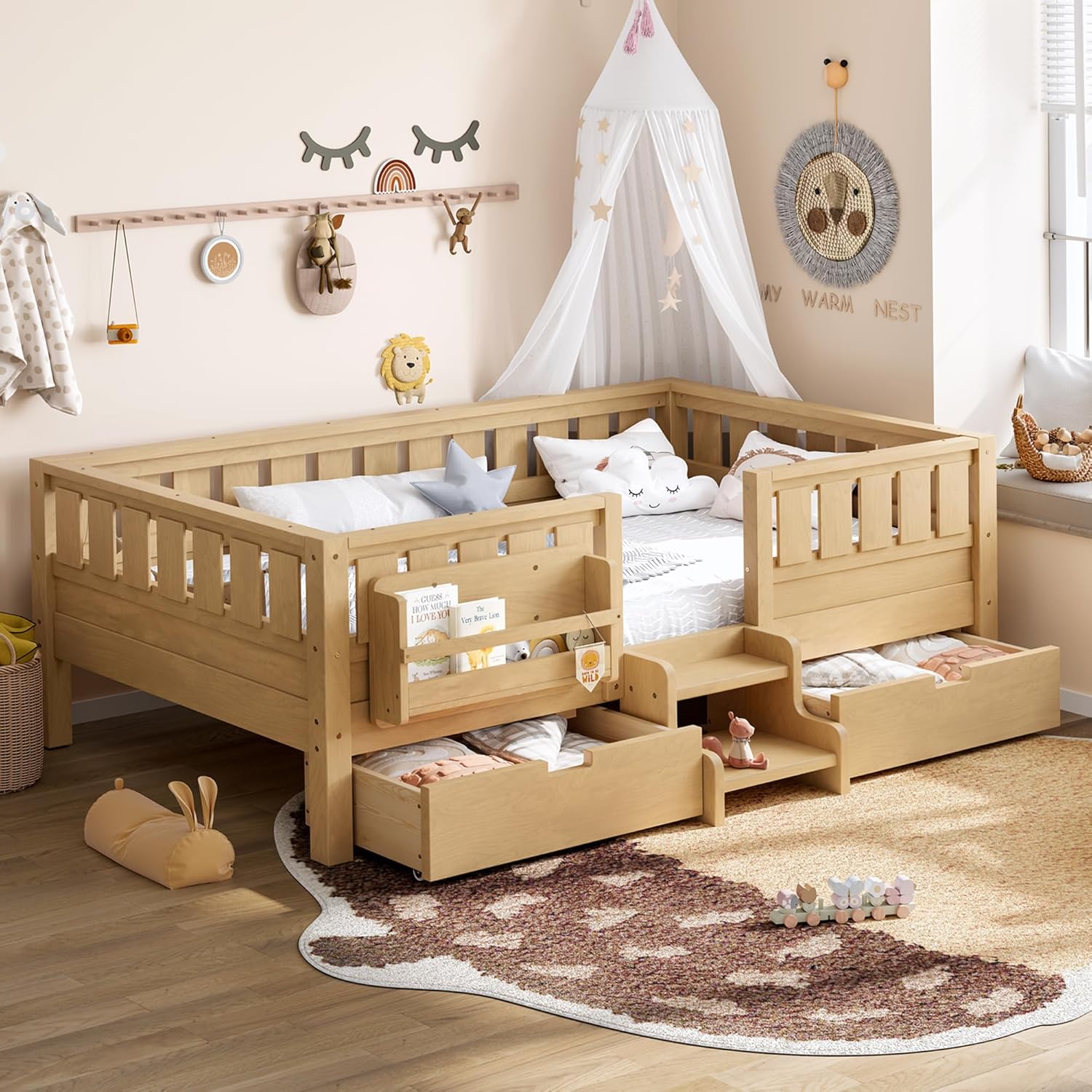 Bellemave Twin Floor Bed with Stairs, Rails and Slats, Twin Size Montessori Floor Bed with Bookshelf and 2 Storage Drawers, Easy Assemble Montessori Beds Frame for Girls, Boys, Light Natural
