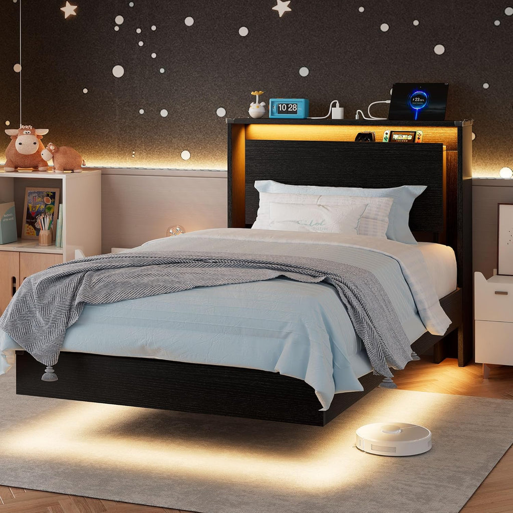 Einhomn Twin Bed Frames with LED Lights and Charging Station - Wood Floating Bed Frame with Storage Headboard, Adhesive Slats, Kick-Free & Noise-Free Design, Easy Assembly, Black
