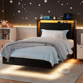 Einhomn Twin Bed Frames with LED Lights and Charging Station - Wood Floating Bed Frame with Storage Headboard, Adhesive Slats, Kick-Free & Noise-Free Design, Easy Assembly, Black