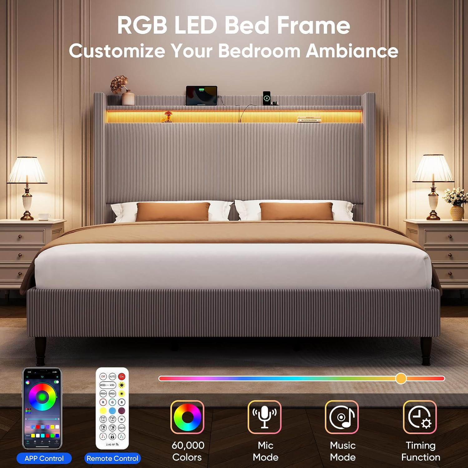 King Bed Frame with 55.3' Tall Headboard, Corduroy Upholstered Platform Bed with LED Lights & Charging Station, Wingback Storage Headboard, Solid Wood Slats,Noise Free,No Box Spring Needed,Gray Brown