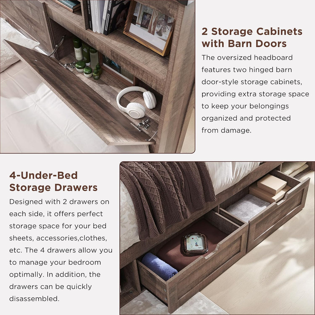 ACCOHOHO Farmhouse King Size Bed Frame with 52' High Storage Bookcase Headboard and 4 Drawers,Wooden Bed Frame with LED Light and Charging Station,Light Brown