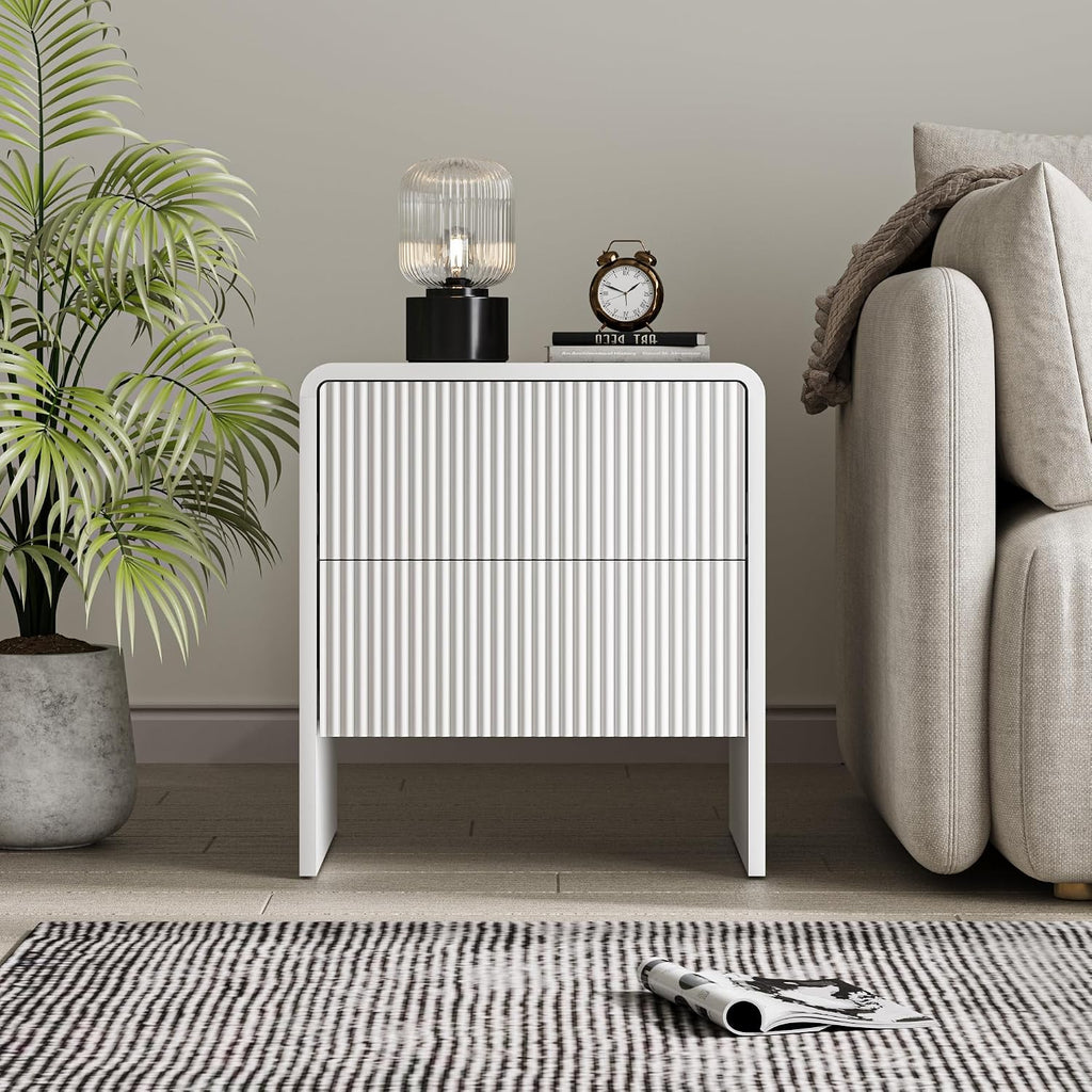 Set of 2 Curved Nightstand with 2 Drawers, Wooden Bedside Table with Push to Open Storage, Modern End Table for Bedroom, White