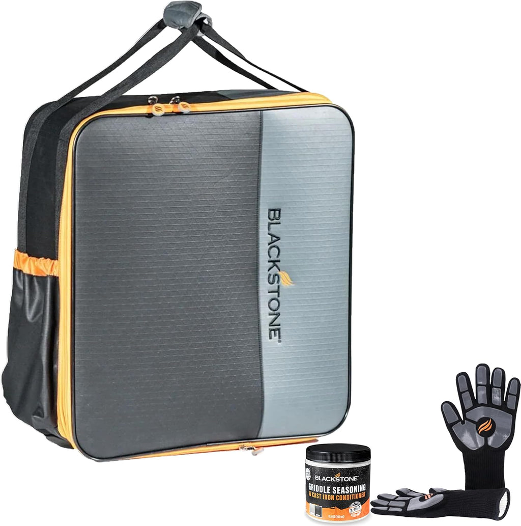 BLACKSTONE 17 Inch Tabletop Griddle Backpack 5244 Carry Bag, 17 Inch Grill Cover Griddle Gloves, and Seasoning