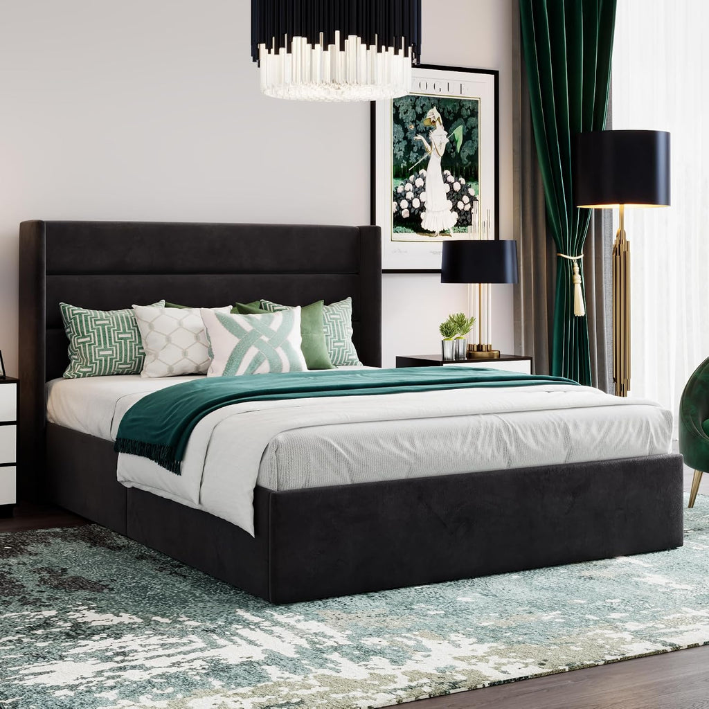 SHA CERLIN Queen Size Lift Up Storage Bed/Velvet Upholstered/Modern Wingback Headboard/Upholstered Platform Bed Frame/Hydraulic Storage/No Box Spring Needed/Black