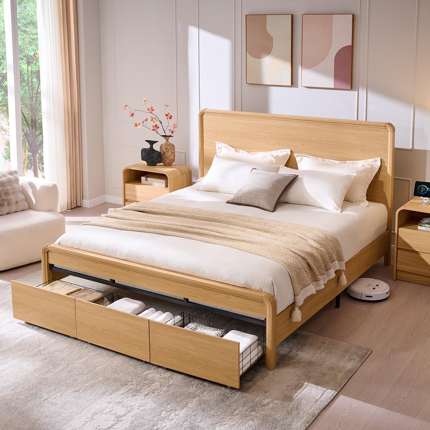 Aitjunz Modern King Size Bed Frame with 50' Tall Headboard, Wood King Size Platform Bed Frame w/3 Storage Drawers, Curved Profile Design, Wood & Steel Platform Bed, No Box Spring Needed, Natural Oak