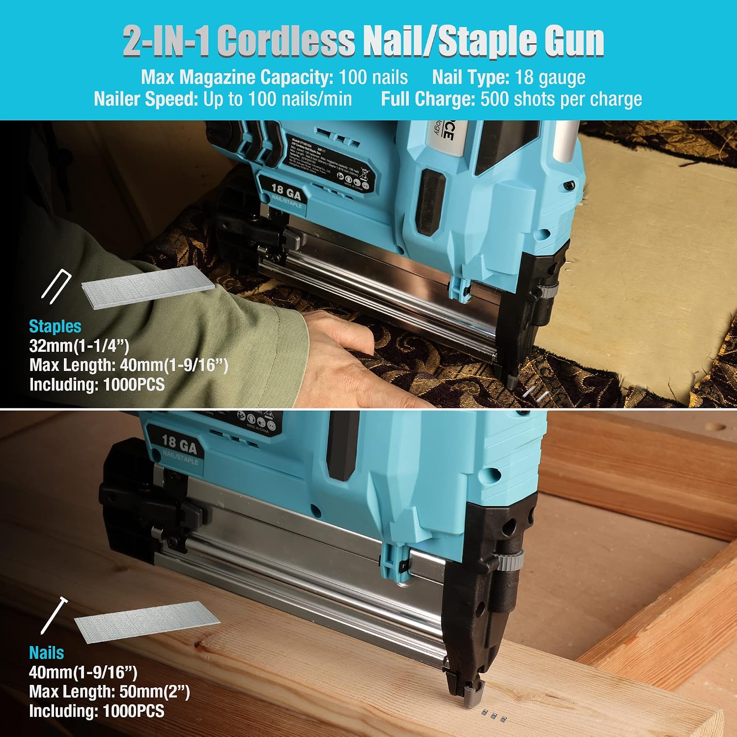 DURATECH 2 IN 1 Cordless Brad Nailer, Battery Powered 18 GA Nail/Staple Gun+20V 2.0Ah Li-ion Battery Pack