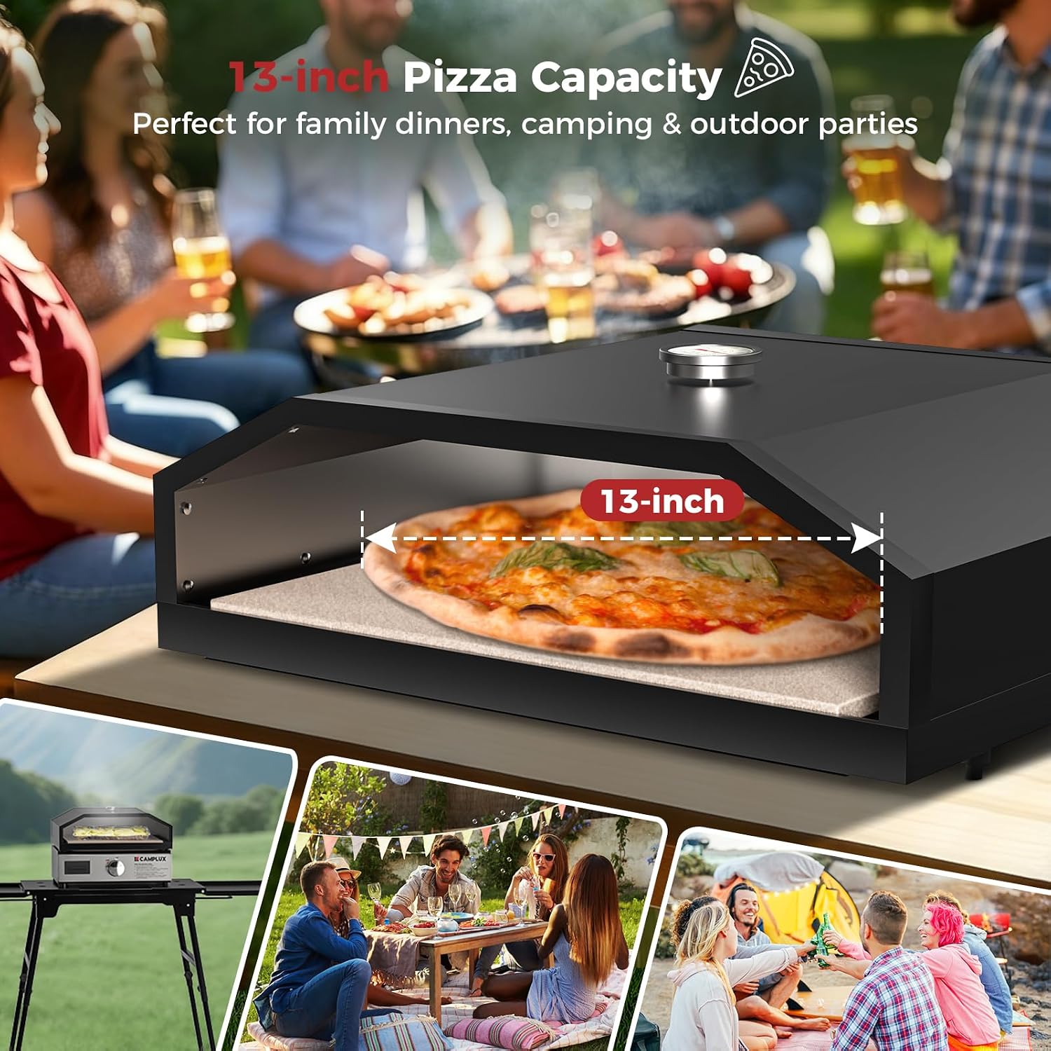 CAMPLUX Portable Propane Grill & Pizza Oven Combo, 11,000 BTU Tabletop Gas Griddle with 17' Pizza Oven Kit and Cordierite Stone, Compact Outdoor Mini Oven for Crispy Pizza, Camping, RV & Tailgating