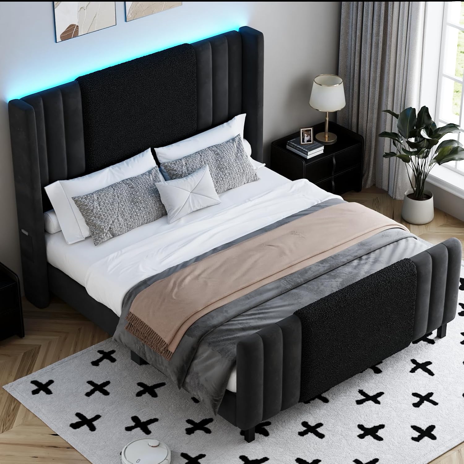 Lihimte Queen Size Bed Frame with Tall Headboard and Footboard, Boucle and Velvet Upholstered Bed Frame Queen with LED Lights, Modern Platform Bed Frames, Noiseless, Easy Assembly, Black