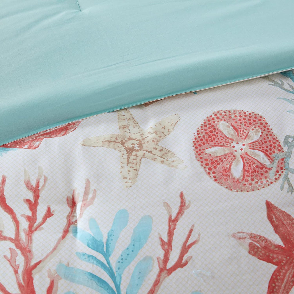 Madison Park 100% Cotton Comforter Set - Coastal Coral, Starfish Design All Season Down Alternative Cozy Bedding with Matching Shams, Decorative Pillow, California King(104'x92'), Teal 7 Piece