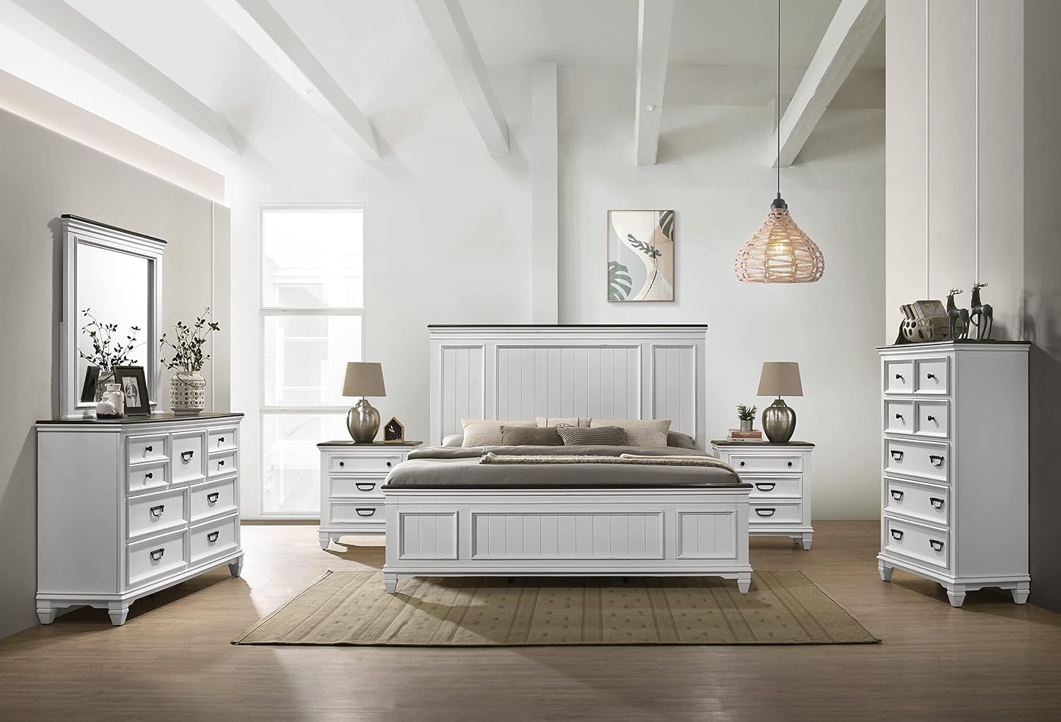 Clelane Wood Bedroom Set with Shiplap Panel Queen Bed, Dresser, Mirror, Two Nightstands, and Chest in Weathered White and Dark Gray