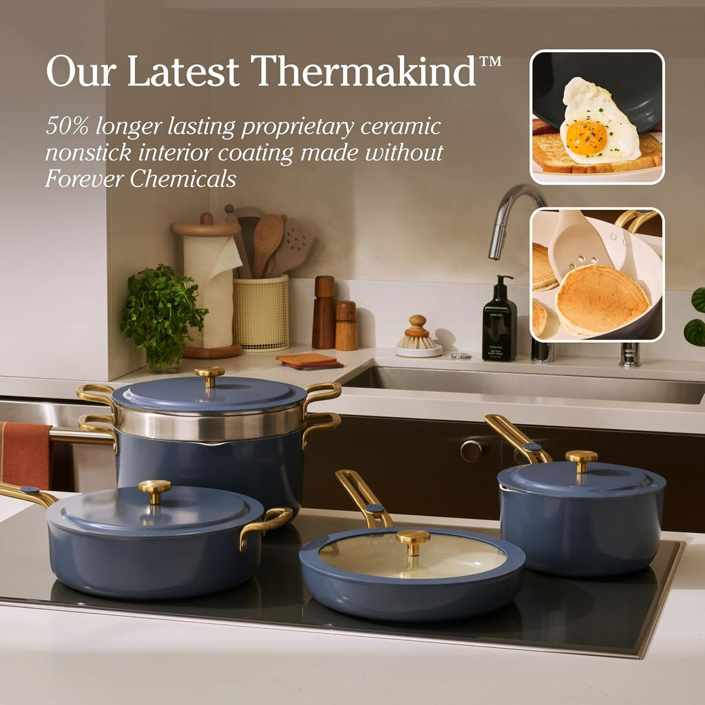 Our Place 11-Piece Essentials Complete Cookware Set - Ceramic Fry Pan, Saucepan, Sauté Pan, Stock Pot, Strainer Basket & Rack Storage | Thermakind™ Nonstick, Oven Safe up to 450°F | Blue Salt