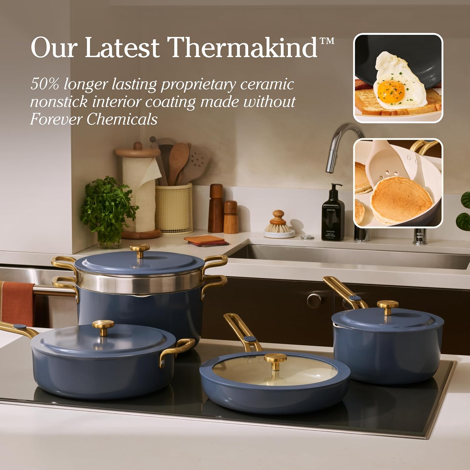 Our Place 11-Piece Essentials Complete Cookware Set - Ceramic Fry Pan, Saucepan, Sauté Pan, Stock Pot, Strainer Basket & Rack Storage | Thermakind™ Nonstick, Oven Safe up to 450°F | Blue Salt