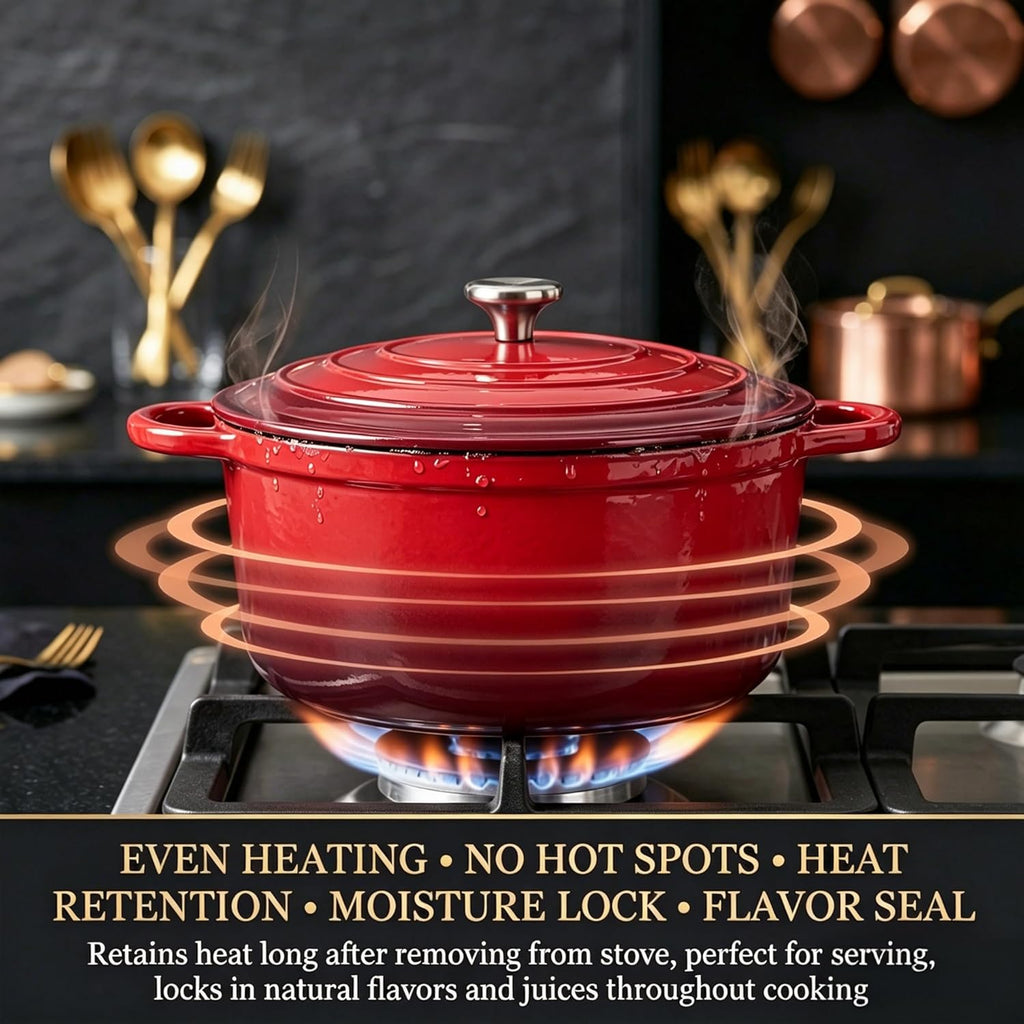 QuliMetal Enameled Cast Iron Cookware Set, 4-Piece Pots and Pans Set with Lids, 10.25' Skillet, 2QT Saucepan, 2.8QT & 4.8QT Dutch Ovens, Oven Safe to 500°F, All Stovetops Compatible - Rouge Red