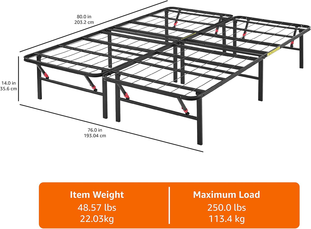 Amazon Basics Bed Frame with Storage, Foldable Metal Platform, Sturdy Steel, No Box Spring Needed, 14 inches High, Tool-Free Easy Assembly, Noise-Free, King Size, Black