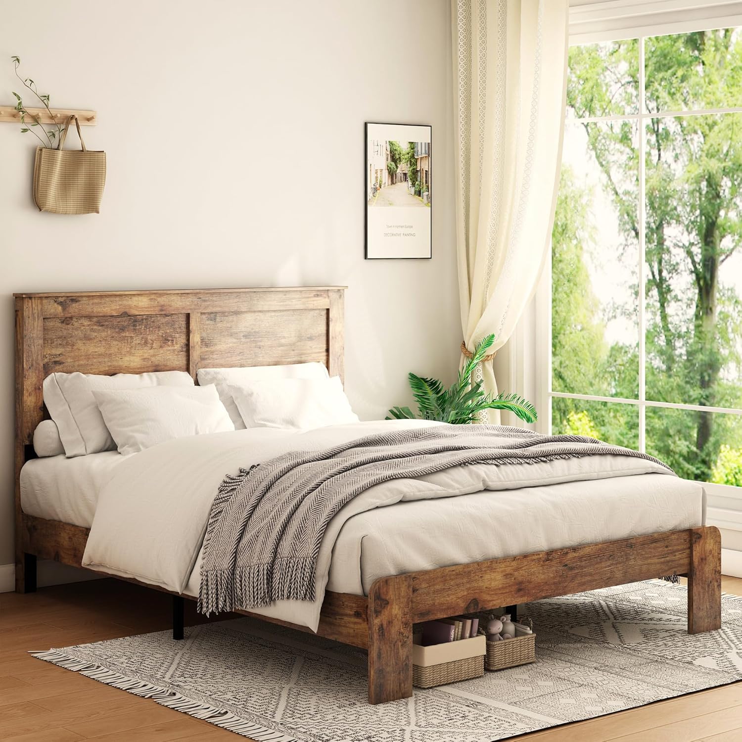 NNOOTK Queen Size Bed Frame, Vintage Platform Bed Frame with Wood Headboard and Footboard, 12 Wood Slats Support, No Box Spring Needed (Dark Brown)