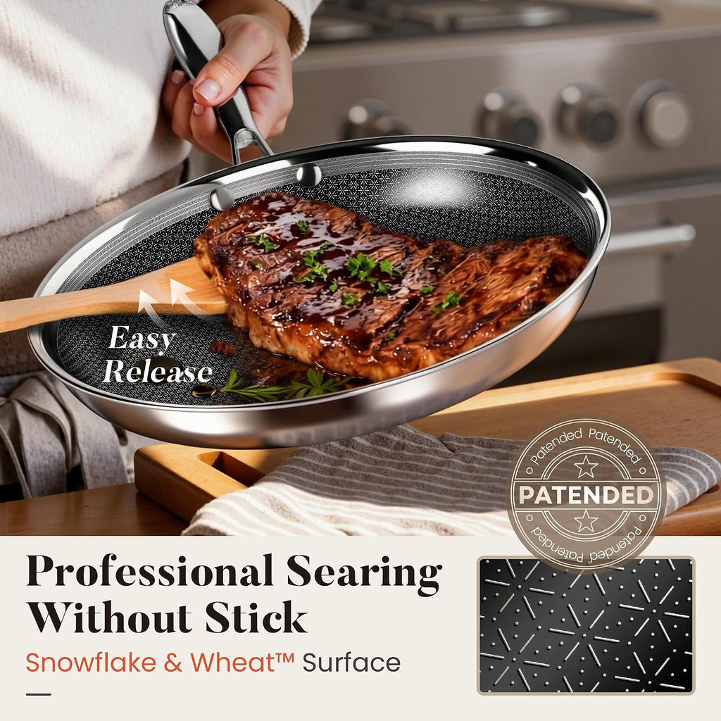 Kitchen Academy 6Pcs 18/10 Stainless Steel Frying Pan Set, 3-Ply 8/10/12 Inch Induction Ready Skillet with Lids, Dishwasher & Oven Safe, PFOA and PFAS Free