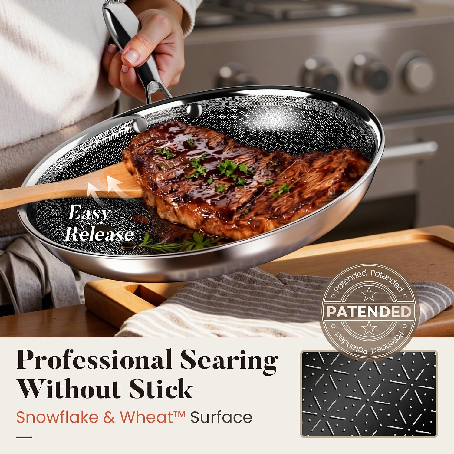 Kitchen Academy 6Pcs 18/10 Stainless Steel Frying Pan Set, 3-Ply 8/10/12 Inch Induction Ready Skillet with Lids, Dishwasher & Oven Safe, PFOA and PFAS Free