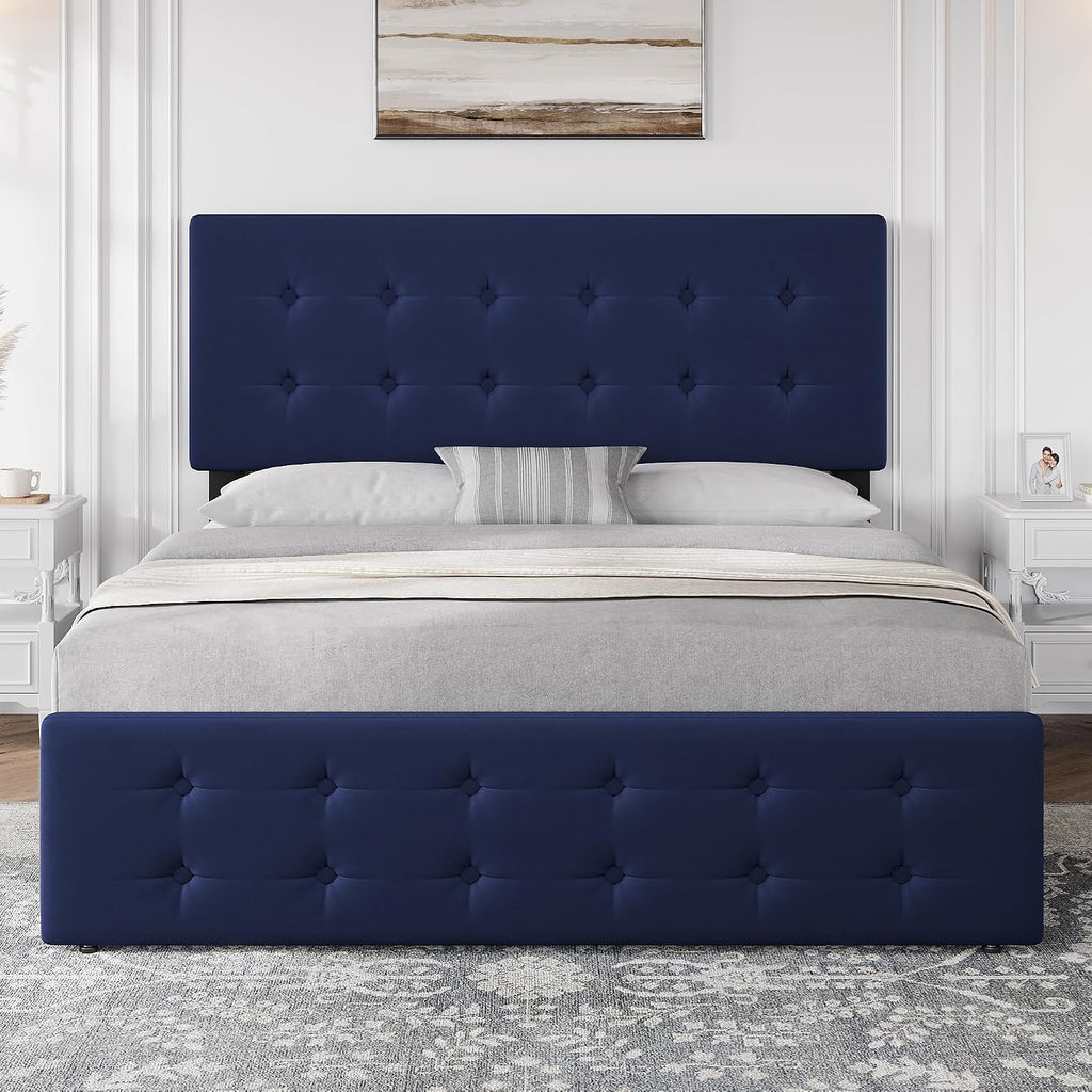 IDEALHOUSE Full Size Bed Frame with 4 Storage Drawers and Headboard, Velvet Upholstered Platform Bed Frame with Wooden Slats Support, Button Tufted Design, No Box Spring Needed, Blue