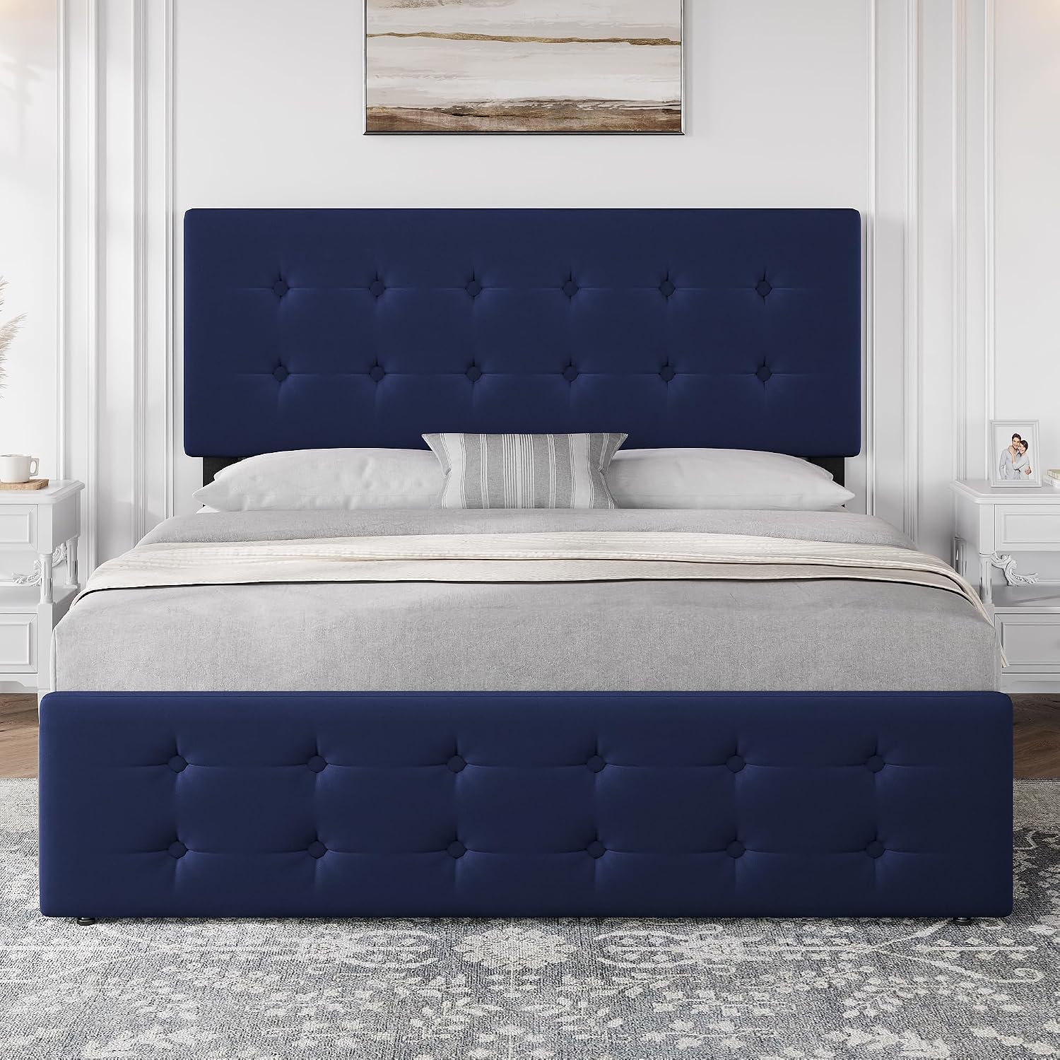 IDEALHOUSE Full Size Bed Frame with 4 Storage Drawers and Headboard, Velvet Upholstered Platform Bed Frame with Wooden Slats Support, Button Tufted Design, No Box Spring Needed, Blue