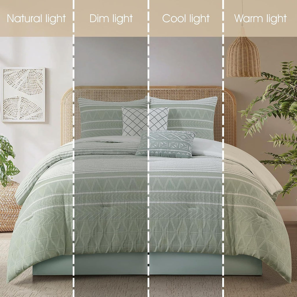 Stratford Park Cotton California King Comforter Set, Sage Geometric Jacquard Bedding Set, Cozy 6 Piece Bedding Set, Bedskirt, Pillows & Shams, Home Decor