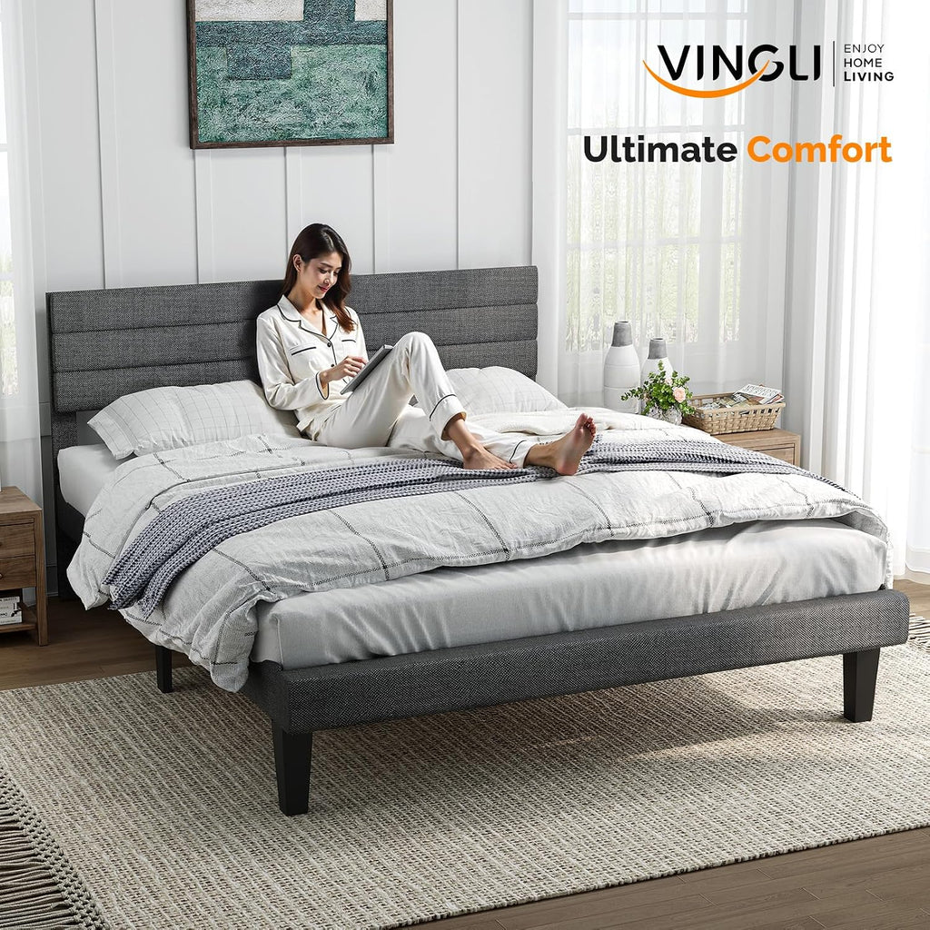 VINGLI Full Bed Frame with Headboard,Upholstered Platform Bed with Adjustable Headboard,Heavy Duty Slats Support,Mid Century Modern,Noise Free, No Box Spring Needed, Dark Gray