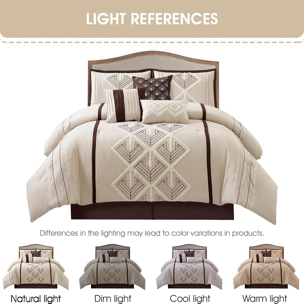 Stratford Park Brown Comforter Set King Size, 7 Piece, Terry Embroidery Geometric Home Decor, Matcking Bed Skirt, Pillows & Shams, All Season Bedding Set