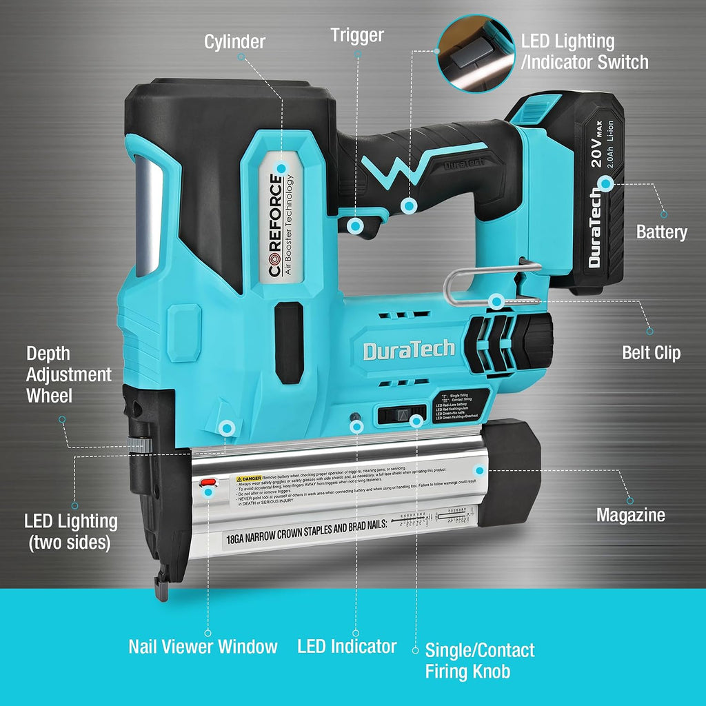DURATECH 2 IN 1 Cordless Brad Nailer, Battery Powered 18 GA Nail/Staple Gun+20V 2.0Ah Li-ion Battery Pack