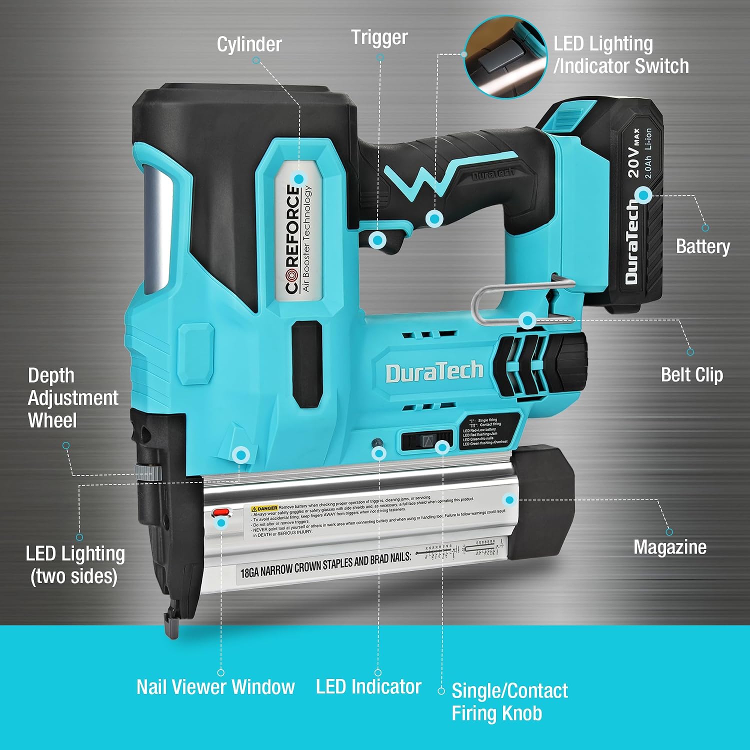 DURATECH 2 IN 1 Cordless Brad Nailer, Battery Powered 18 GA Nail/Staple Gun+20V 2.0Ah Li-ion Battery Pack