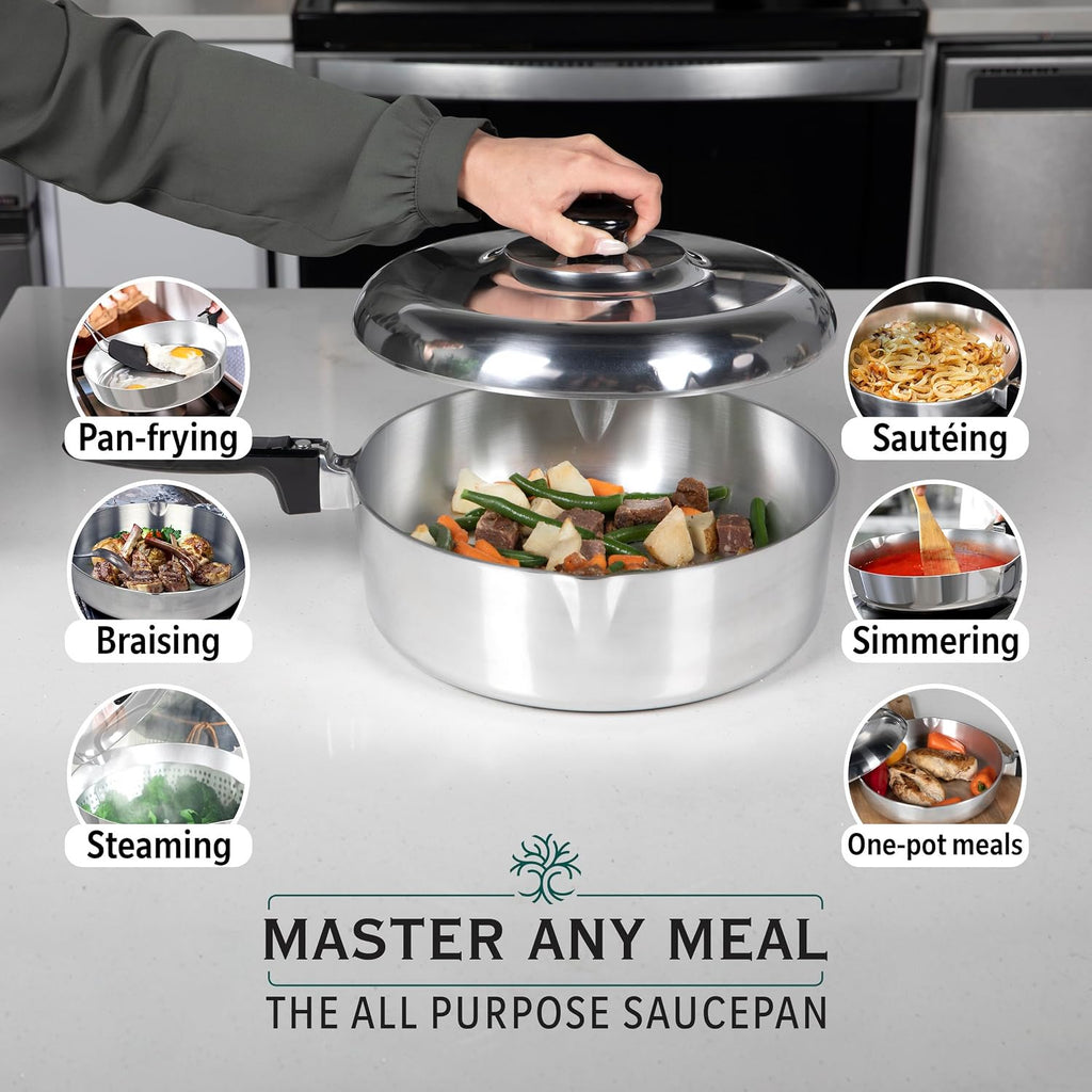 MAGNAWARE Cast Aluminum Sauté Pan with Lid 12 inch - Oven Safe Deep Frying Pan with Lid, Two Side Spouts and Ergonomic Stay-Cool Handle for Comfortable Grip and Pouring (4 Quart)