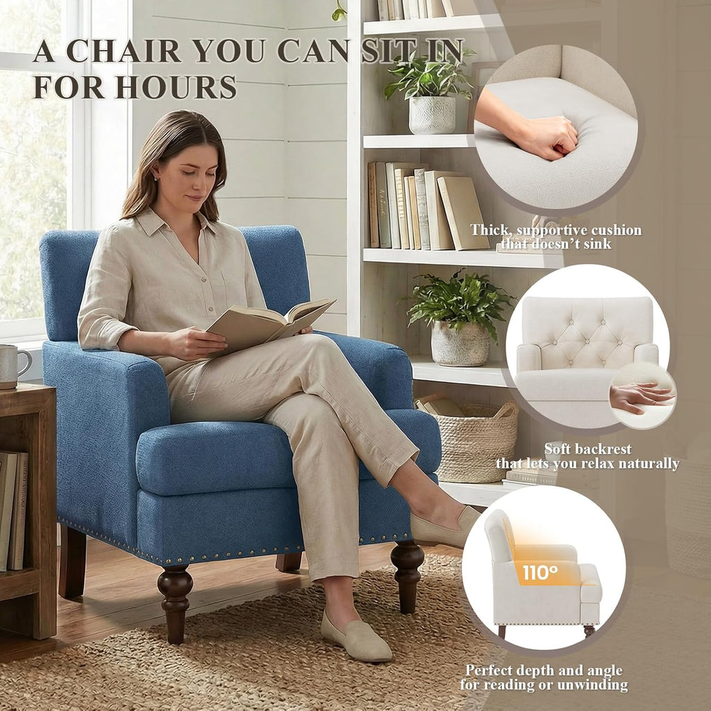 MALOL Upholstered Accent Chair with Thick Cushion, High Back Reading Chair, Linen Blend Armchair with Solid Rubberwood Legs for Living Room, Bedroom, Reading, Apartment & Small Spaces,Blue,Set of 2