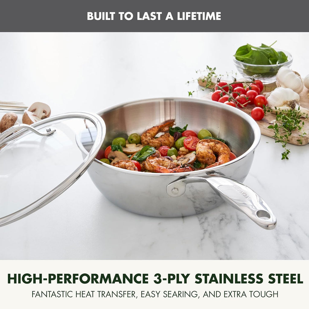 GreenPan Valencia Pro Tri-Ply Stainless Steel 3.6QT Chef's Pan with Lid, Induction Ready Cookware, All Cooktops, Sauce Pot, Mirror Finish, Dishwasher & Oven/Broiler Safe to 600F
