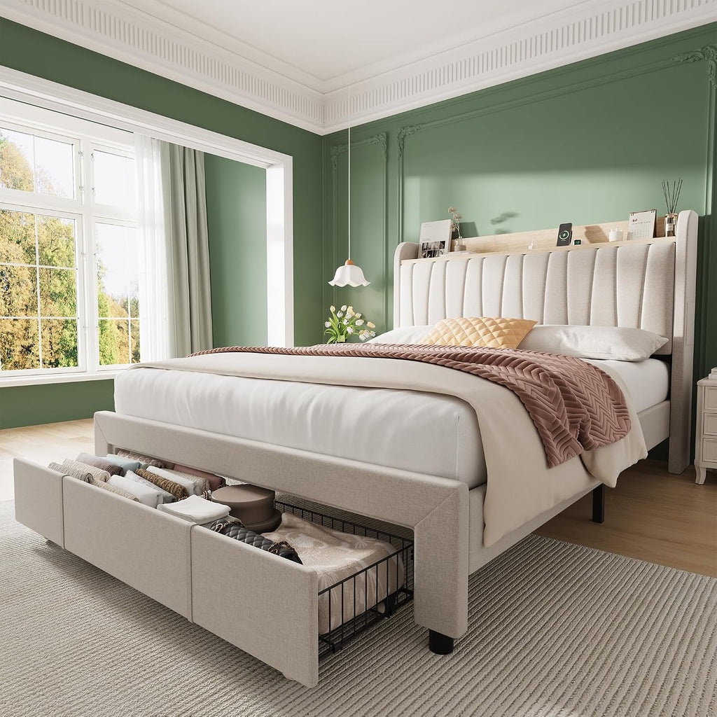 GarveeHome Upholstered Bed Frame with Storage Headboard and Charging Station, Platform Bed Frame with Drawers, Heavy Duty, No Box Spring Needed, Easy Assembly, Beige, Queen Size