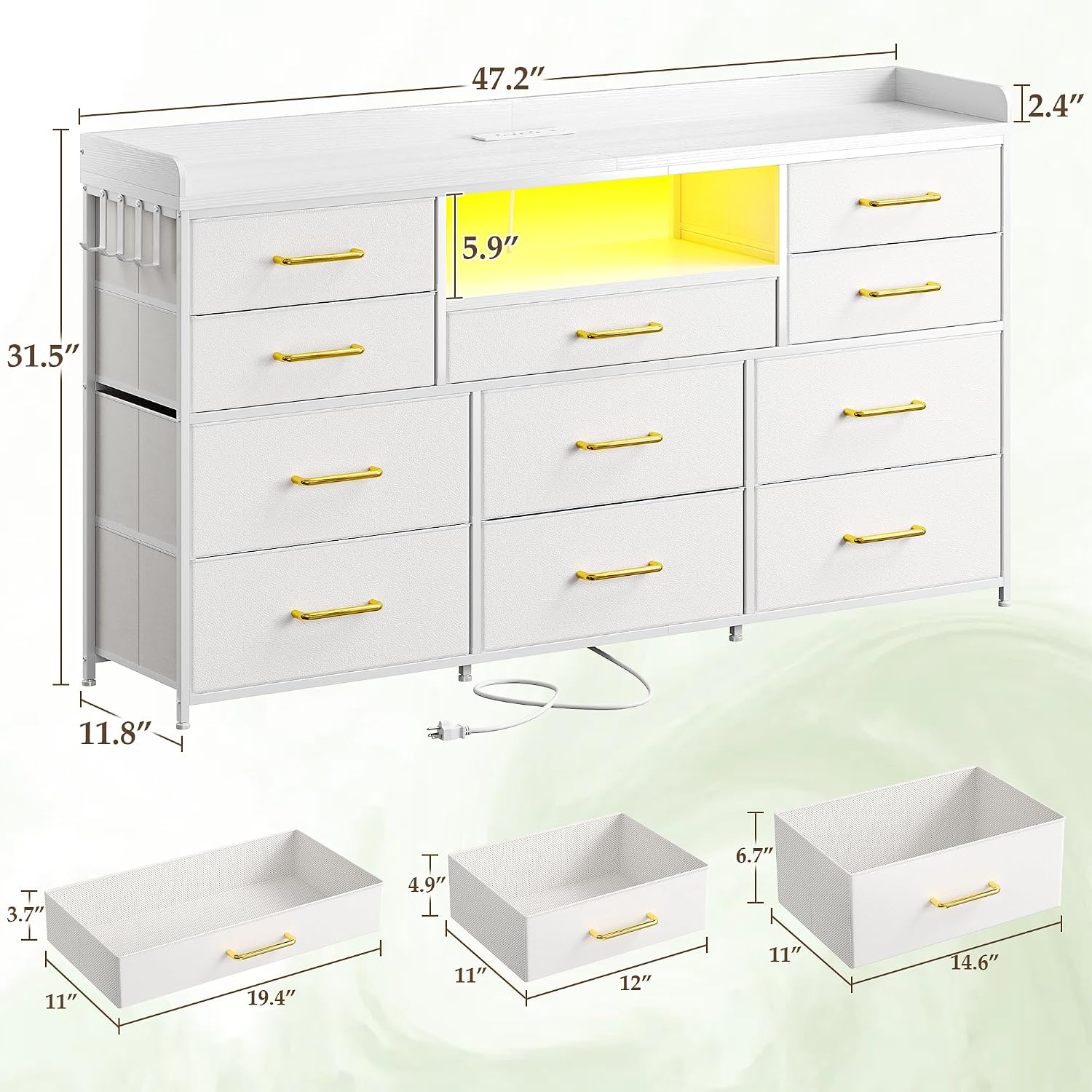 White Dresser for Bedroom with LED Lights & Charging Station & 4 Hooks 11 Drawer Dressers & Chests of Drawers Long Fabric Dresser TV Stand for 50 55 60 inch TV for Entryway 11.8'D x 47.2'W x 31.5'H