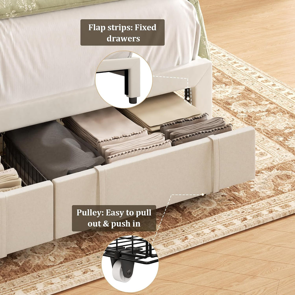 Full Bed Frame with Storage Drawers, Velvet Upholstered Platform Bed with 47' Tall Headboard and Wingboard, No Box Spring Needed, Noise Free, Easy Assembly, Wooden Support Slats, Beige