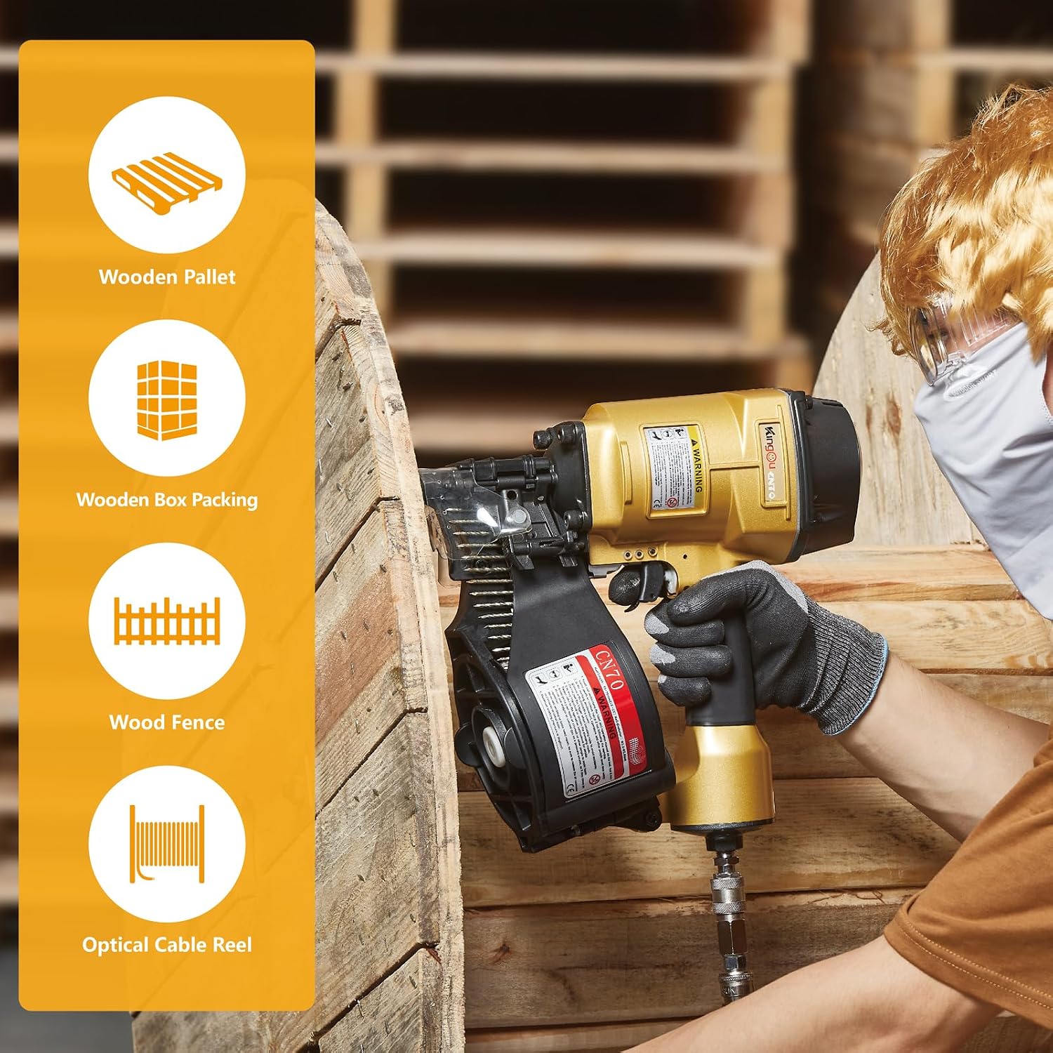 Kingou CN70 Siding Nailer Accepts 1-3/4-Inch to 2-3/4-Inch Nails with 1/4 NPT Air Connector 225-300pcs Load Capacity Coil Nailer Coil Nail Gun for Wooden Box Packing