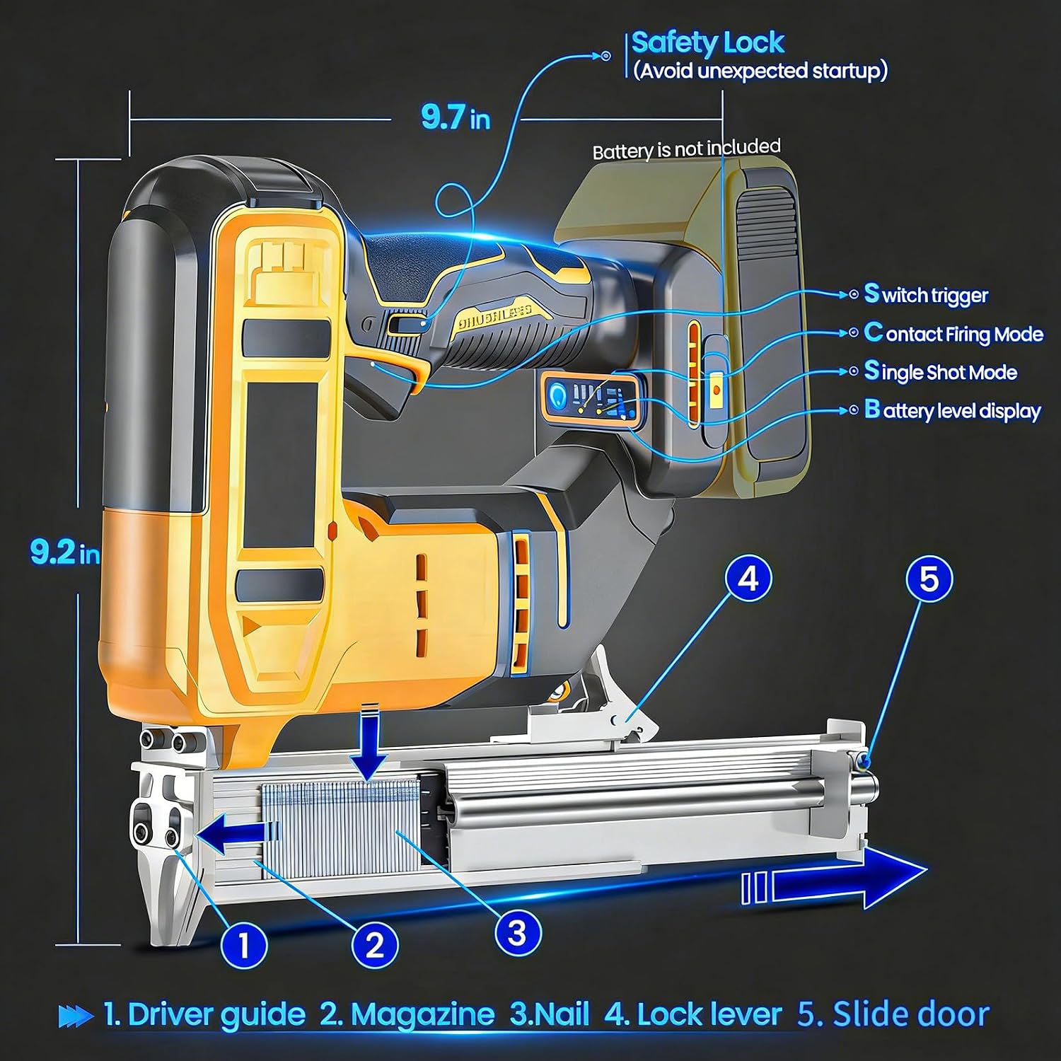 2-in-1 18 Gauge Cordless Brad Nailer & Staple Gun for Dewalt 20V MAX Battery, Battery Powered Electric Nail Gun with 1000 Nails for Woodworking, DIY, Framing & Home Improvement (No Battery)
