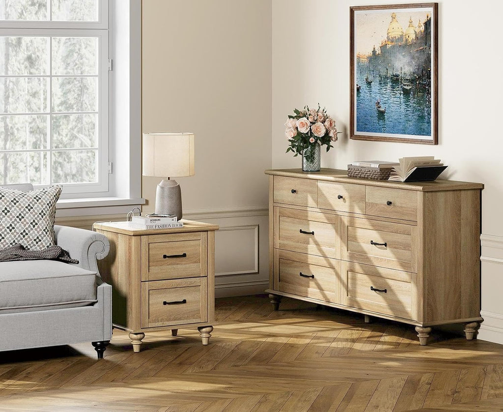 WAMPAT 2 Piece Bedroom Set - Includes 7 Drawer Dresser for Bedroom, Light Wooden Night Stand with Charging Station & Drawers, 2 Piece Dresser and Nightstand Sets, Oak