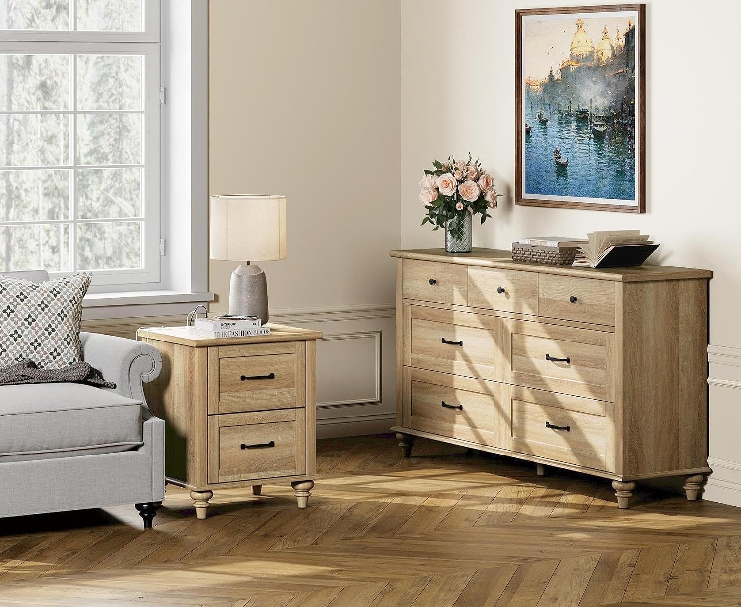 WAMPAT 2 Piece Bedroom Set - Includes 7 Drawer Dresser for Bedroom, Light Wooden Night Stand with Charging Station & Drawers, 2 Piece Dresser and Nightstand Sets, Oak