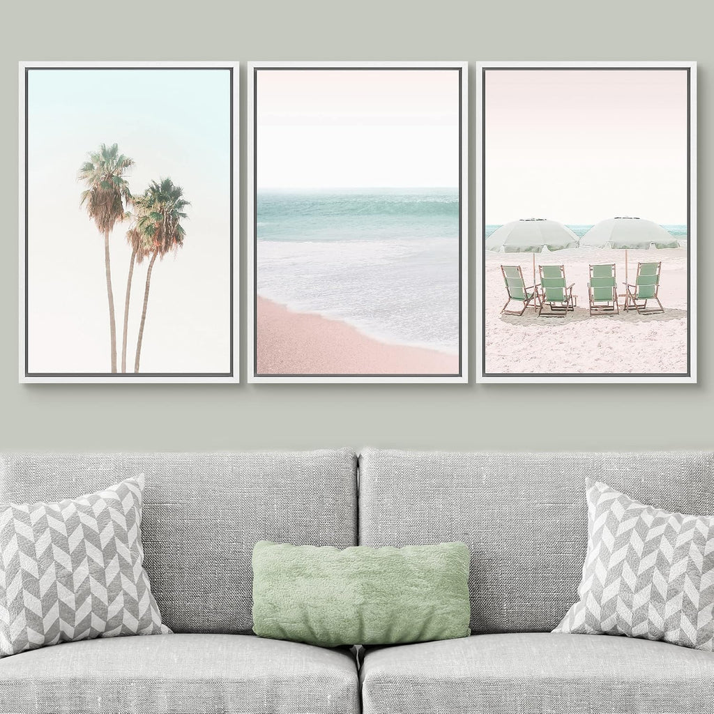 SIGNWIN Framed Canvas Print Wall Art Set Retro Vintage Pastel Tropical Island Beach Nature Wilderness Photography Modern Art Landscape Relax/Calm for Living Room, Bedroom, Office - 16'x24'x3 White