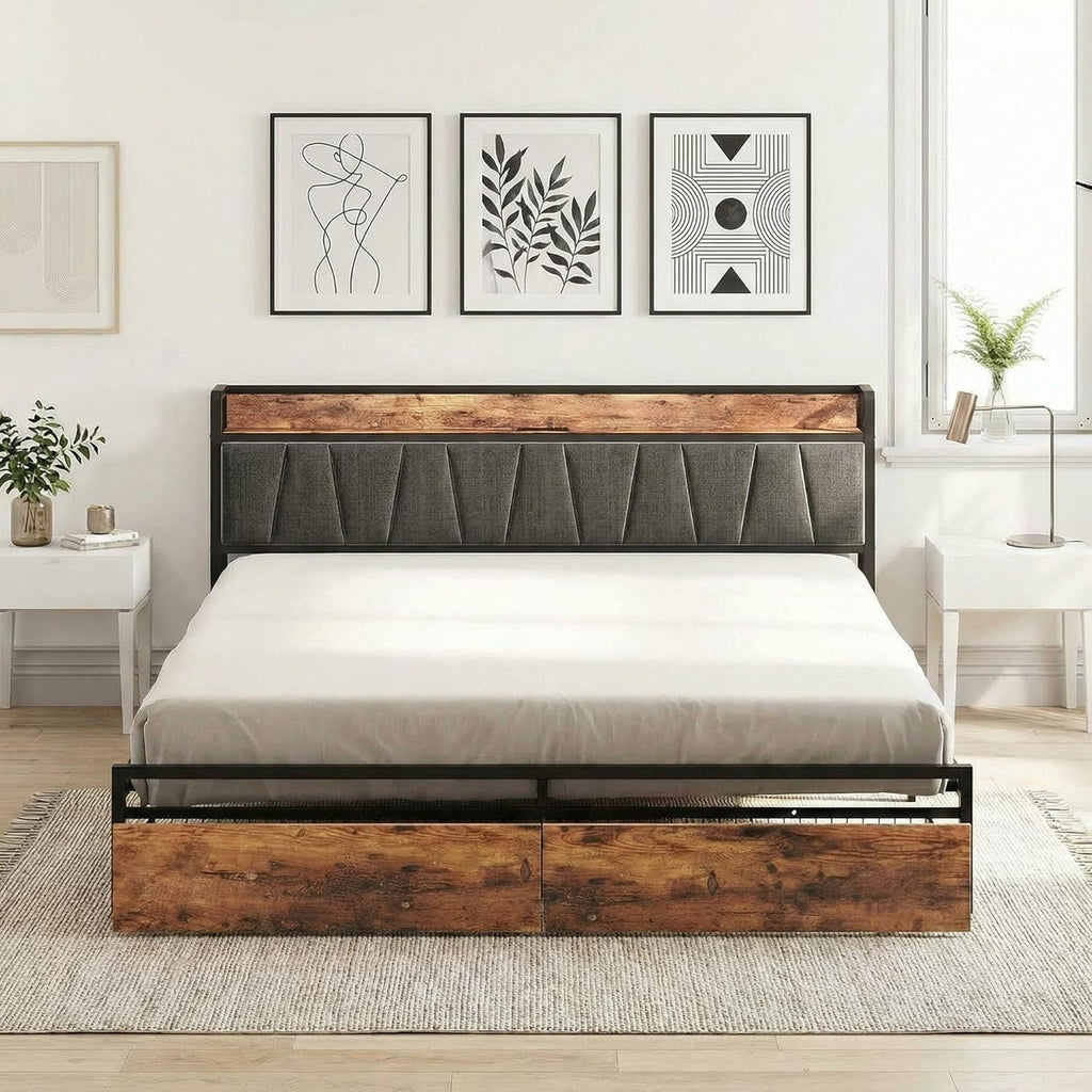 LIKIMIO King Size Bed Frame, Storage Headboard with Charging Station, Platform Bed with Drawers, No Box Spring Needed, Easy Assembly, Industrial Brown and Gray