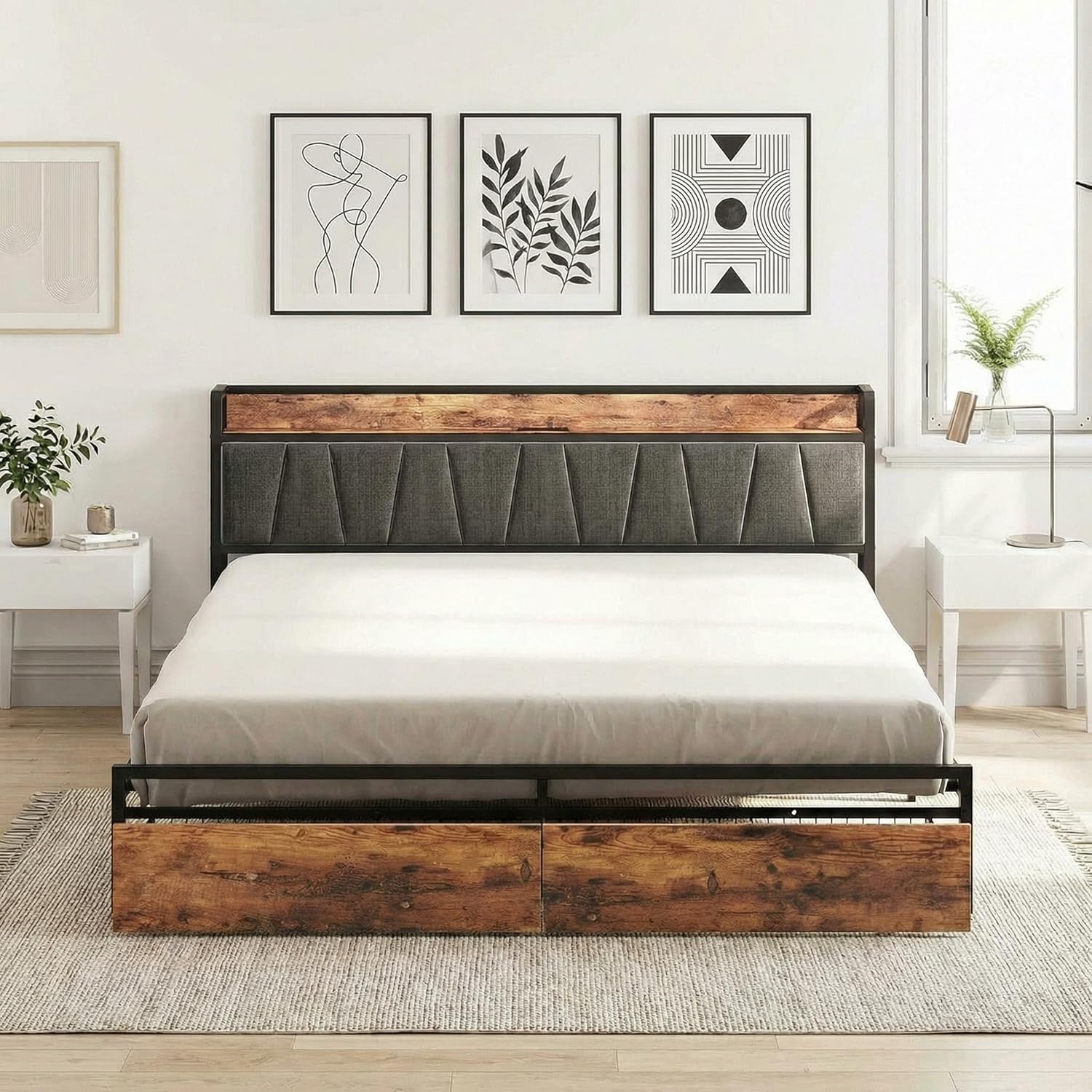 LIKIMIO King Size Bed Frame, Storage Headboard with Charging Station, Platform Bed with Drawers, No Box Spring Needed, Easy Assembly, Industrial Brown and Gray
